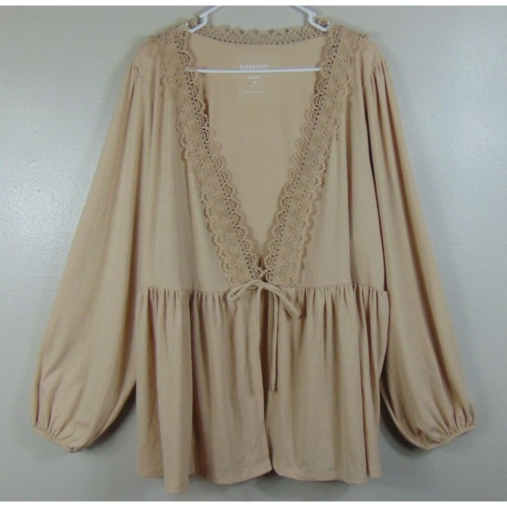 Torrid Super Soft Rib V-neck Lace Trim Tie Front Top Womens 4X Peplum Cream